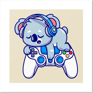 Cute Koala Sleeping On Game Controller With Headphone  Cartoon Posters and Art